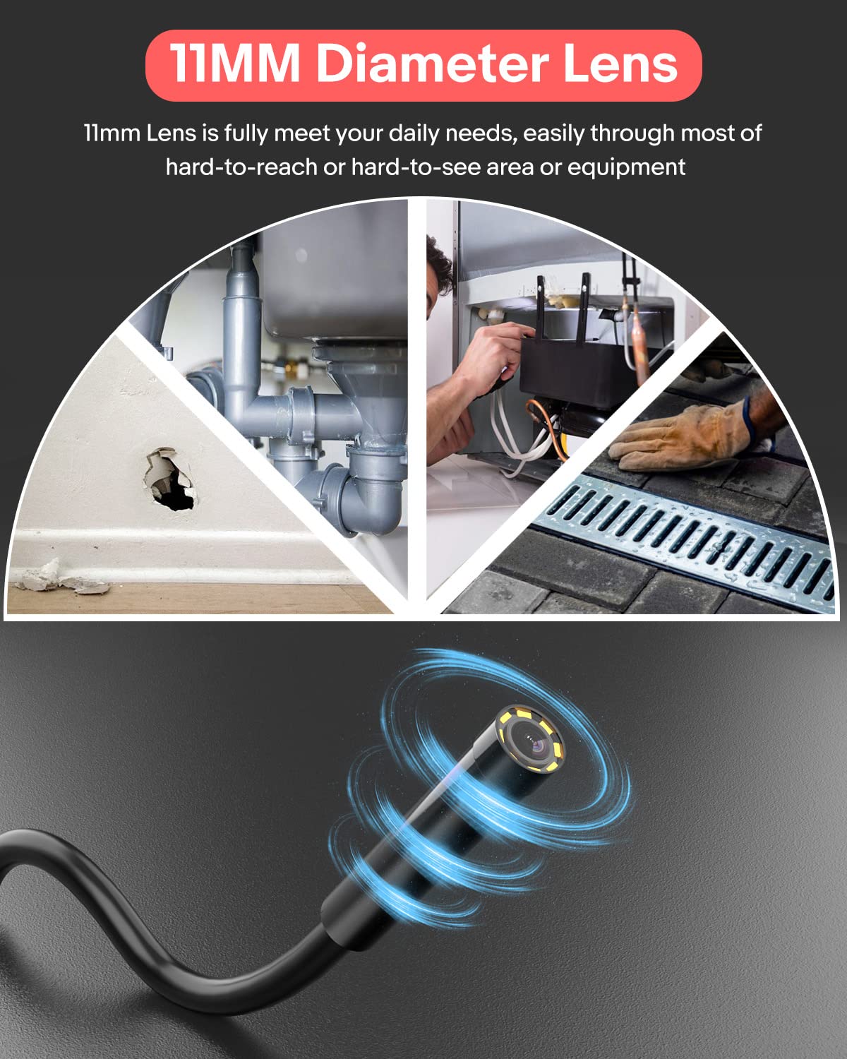 7'' Screen Borescope 6X Zoom HD Snake Camera with 8 LED Lights V15008