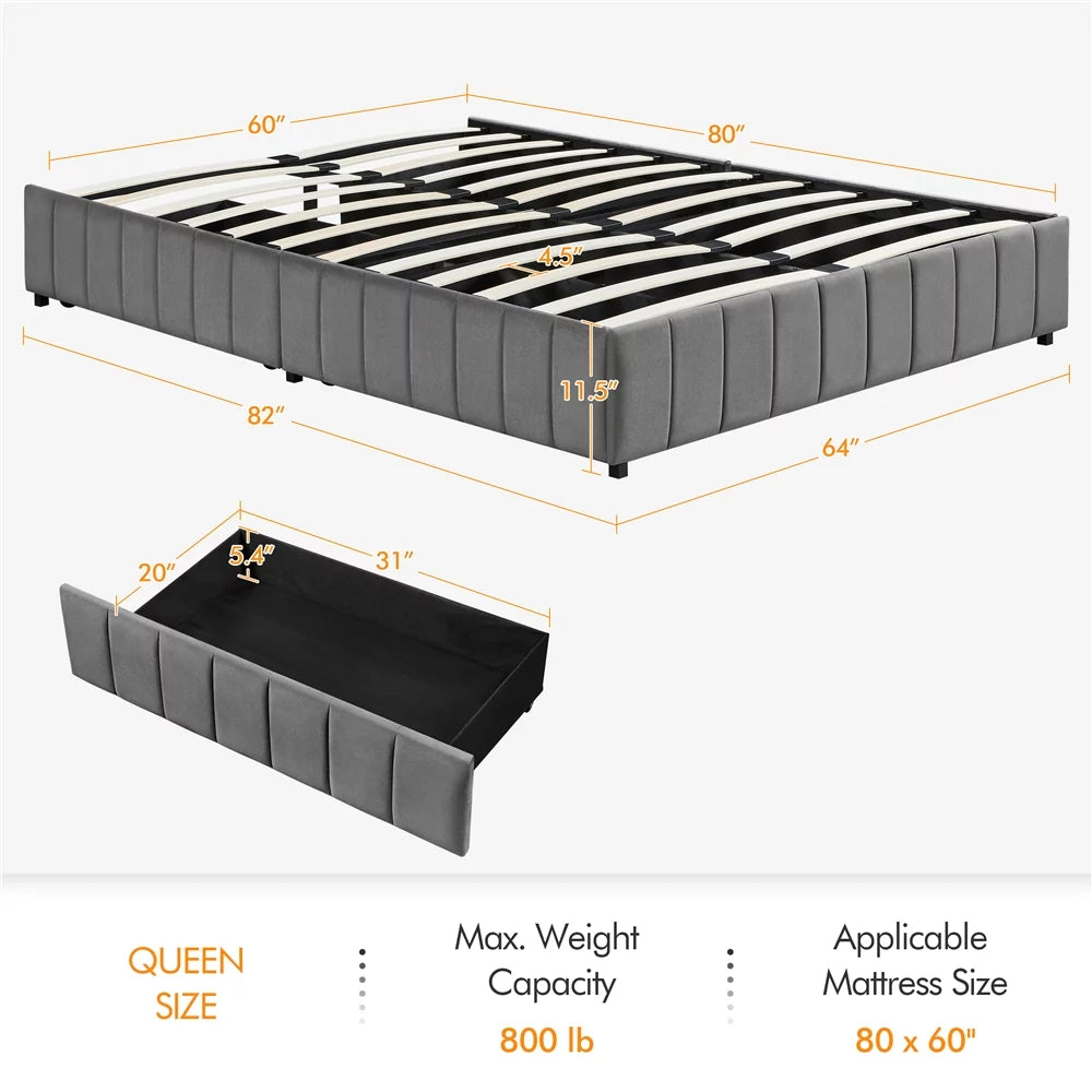 Queen Size Upholstered Bed Frame with 4 Storage Drawers, Beige T202040