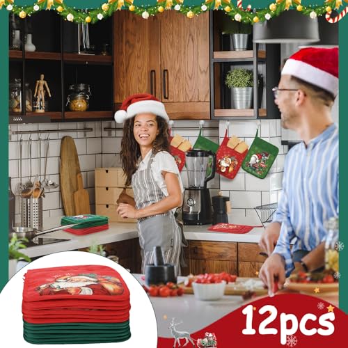 12 Pcs Christmas Pot Holders with Pocket Red and Green Heat Resistant Oven Mitts Z382378