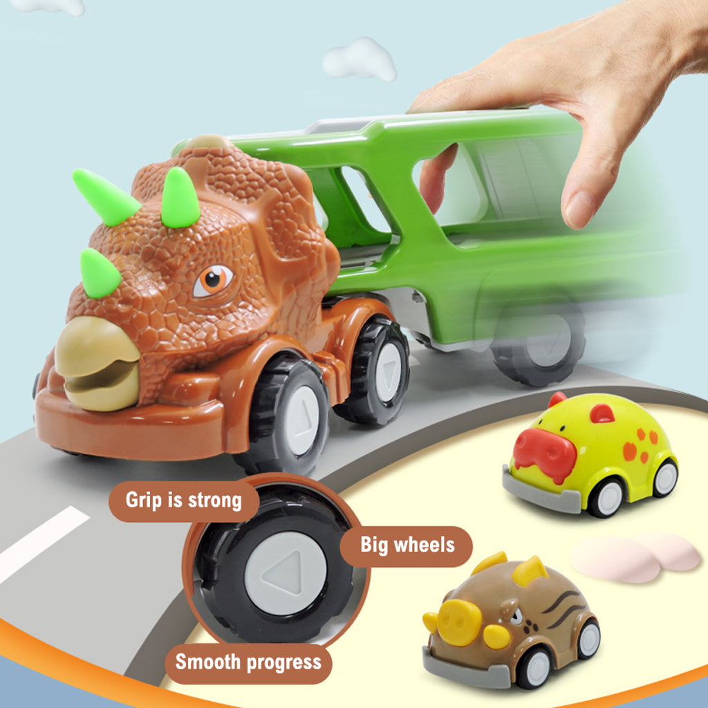 Double-decker Dinosaur Car Toy Transport Carrier Truck with 8 Small Pull Back Dino Car Friction Power Vehicle O35317