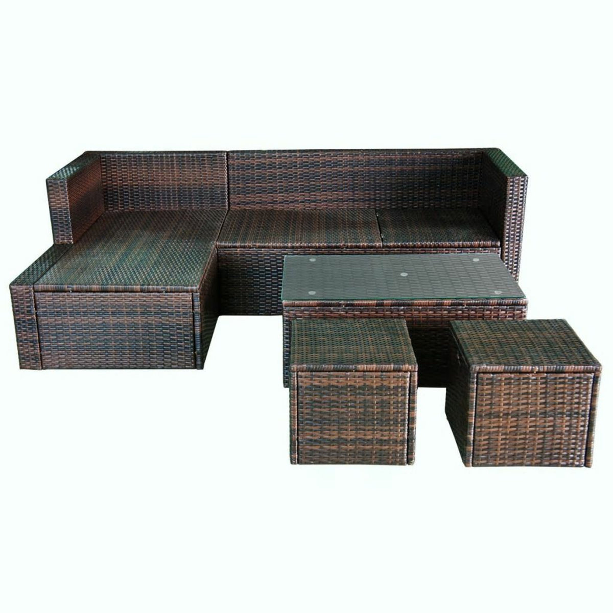 4 Piece Outdoor Conversation Set Cushioned Corner Sofa with Coffee Table and 2 Ottomans Brown Poly Rattan N51067