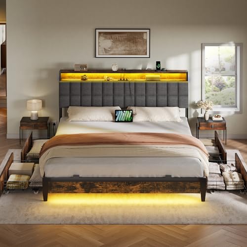 Queen Size Upholstered Platform Bed Frame with 4 Drawers and Storage Headboard Q9201