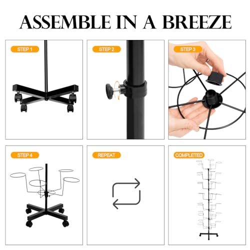 7-Tier Rotating Hat Display Rack, 35 Hooks Metal Freestanding Black Floor Rack N4902