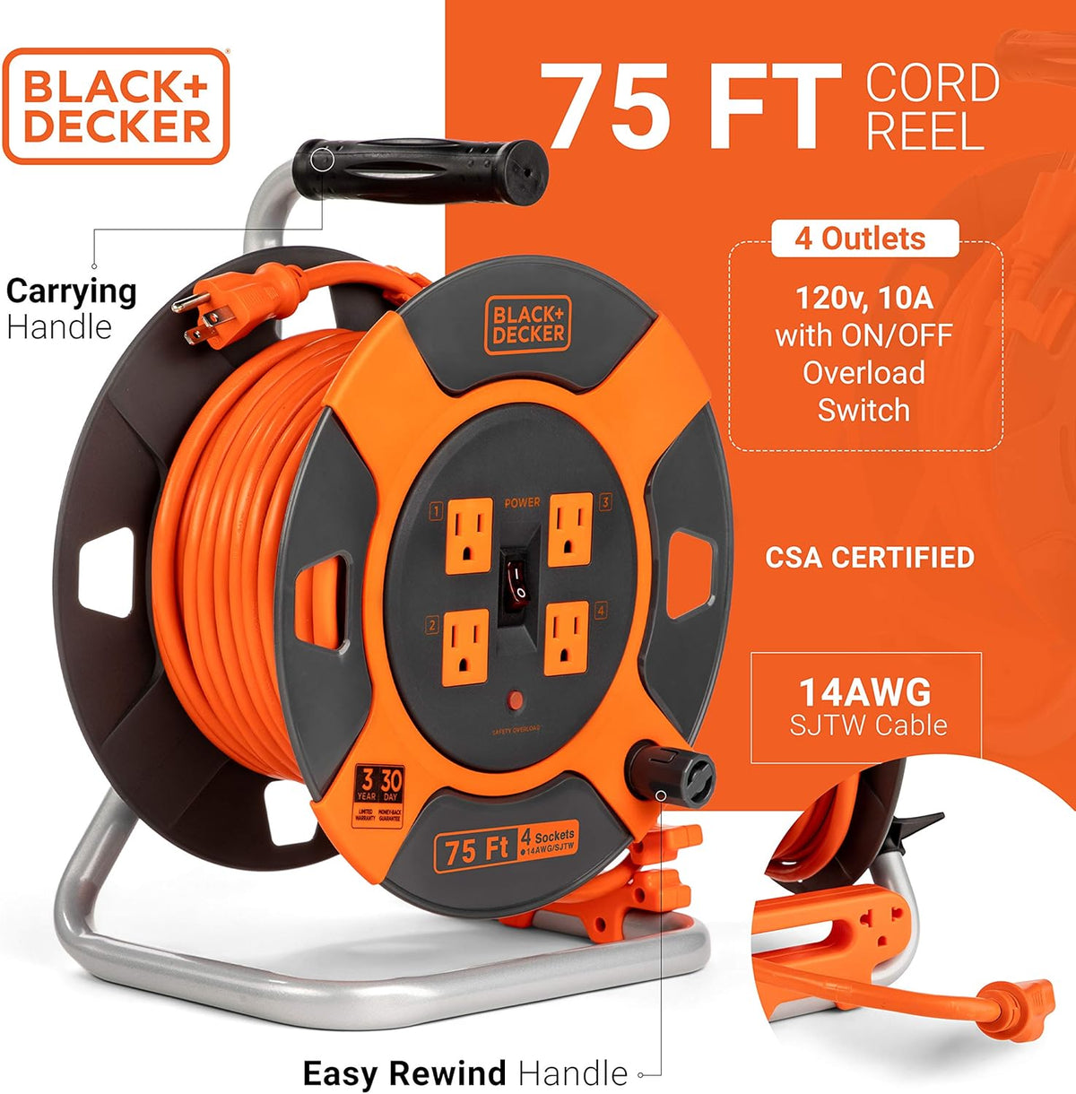 75 ft 4 Outlets 14AWG SJTW Retractable Extension Cord L871051