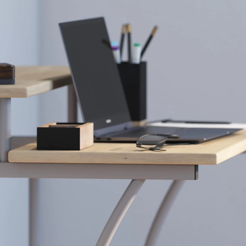 Black Silver Steel Frame Small Computer Desk with Raised Monitor Platform and Lower Storage Shelf L85534