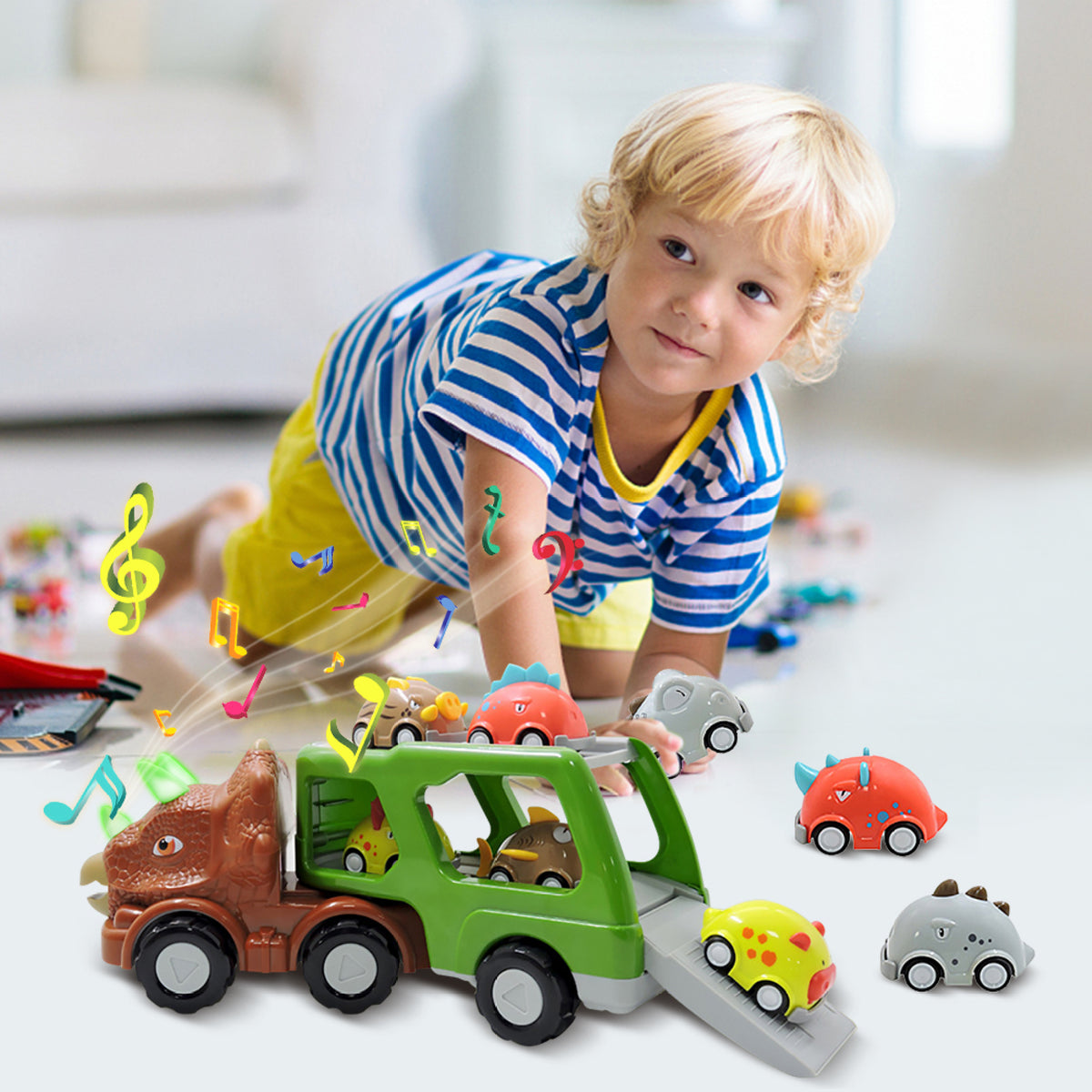 Double-decker Dinosaur Car Toy Transport Carrier Truck with 8 Small Pull Back Dino Car Friction Power Vehicle O35317