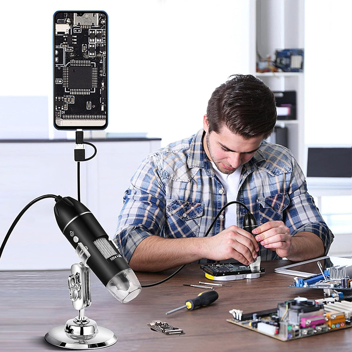 3 in 1 USB Digital Microscope 1600X Handheld with Rotating Base and 8 LED Lights Y345