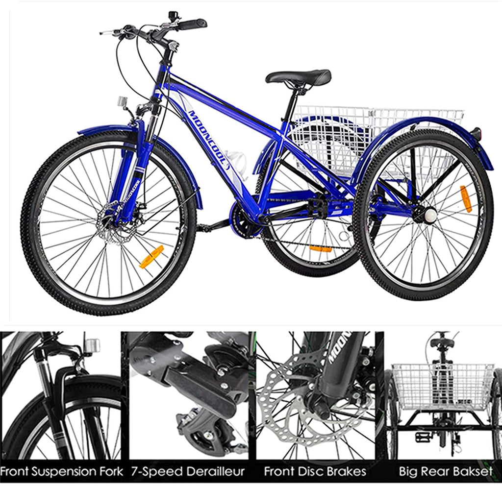 Adult Mountain Tricycle, 7 Speed Three Wheel Bike, 24/26/27.5 inch, 420 lbs H499691