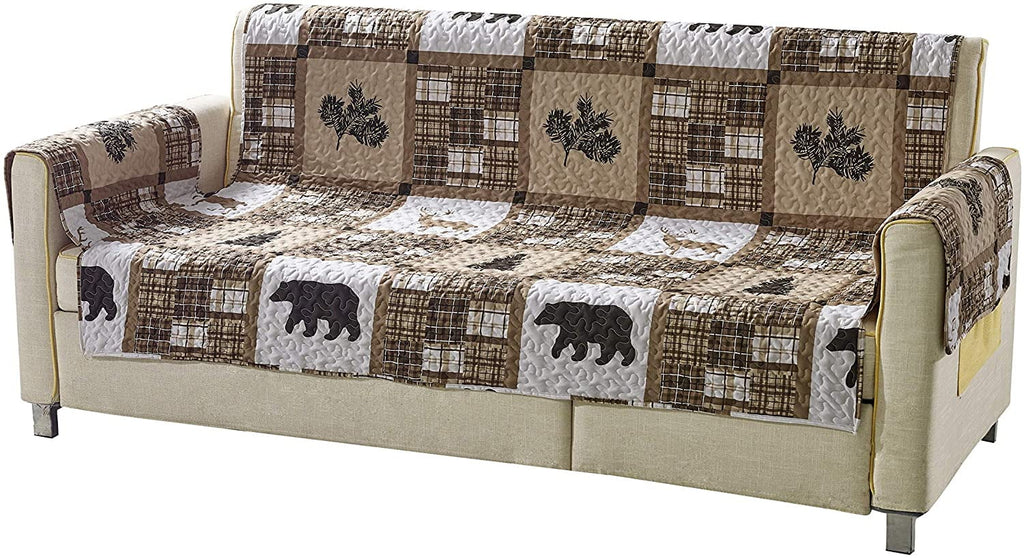 Quilted Sofa Slipcover with Plaid Wildlife Pattern R5623
