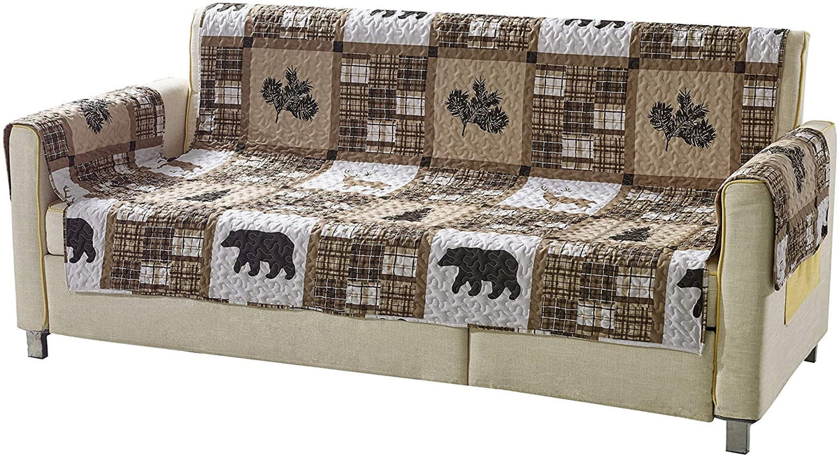 Quilted Sofa Slipcover with Plaid Wildlife Pattern R5623