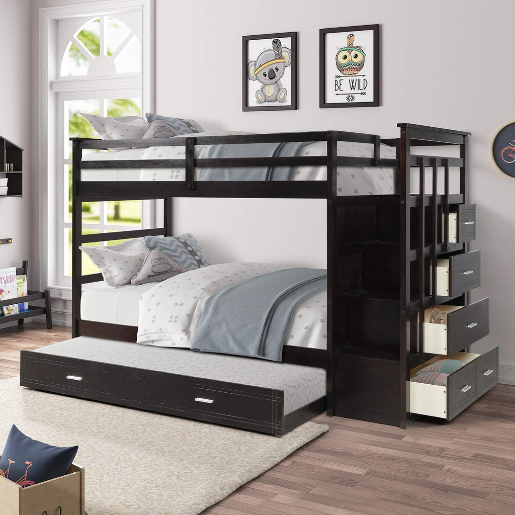 Gray Wood Twin Bunk Bed with Trundle and 4 Storage Drawers V18601
