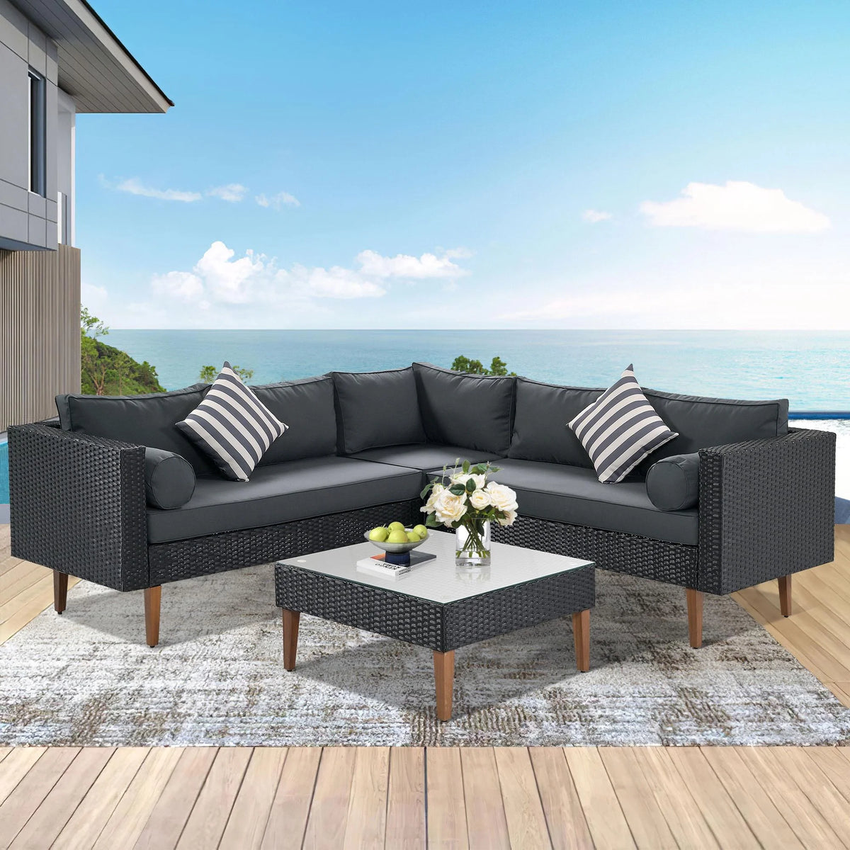 4 Pieces All-Weather Wicker Patio Sofa Set H37046