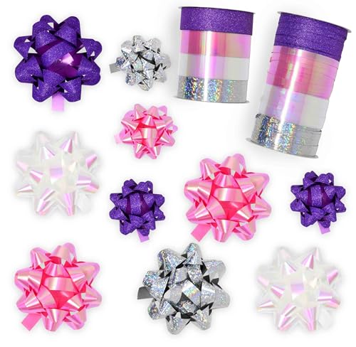 32 Pcs Multi Colored Gift Bows Assortment Set with 8 Curling Ribbon Rolls F4812