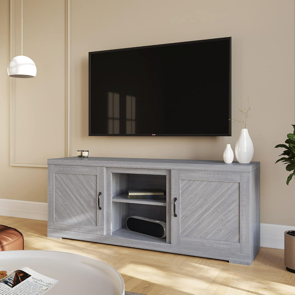 Gray Wash TV Stand with Two Shelves and Storage Cabinets L4346