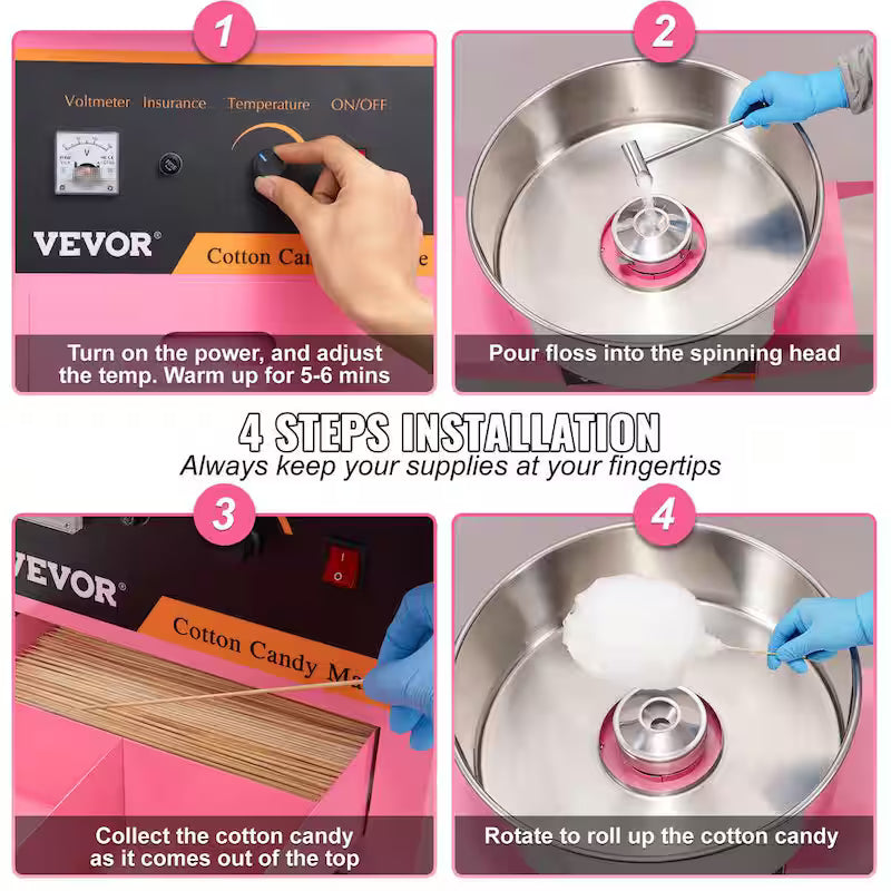 Electric Cotton Candy Machine with Cart 1000 W Stainless Steel Bowl W441783
