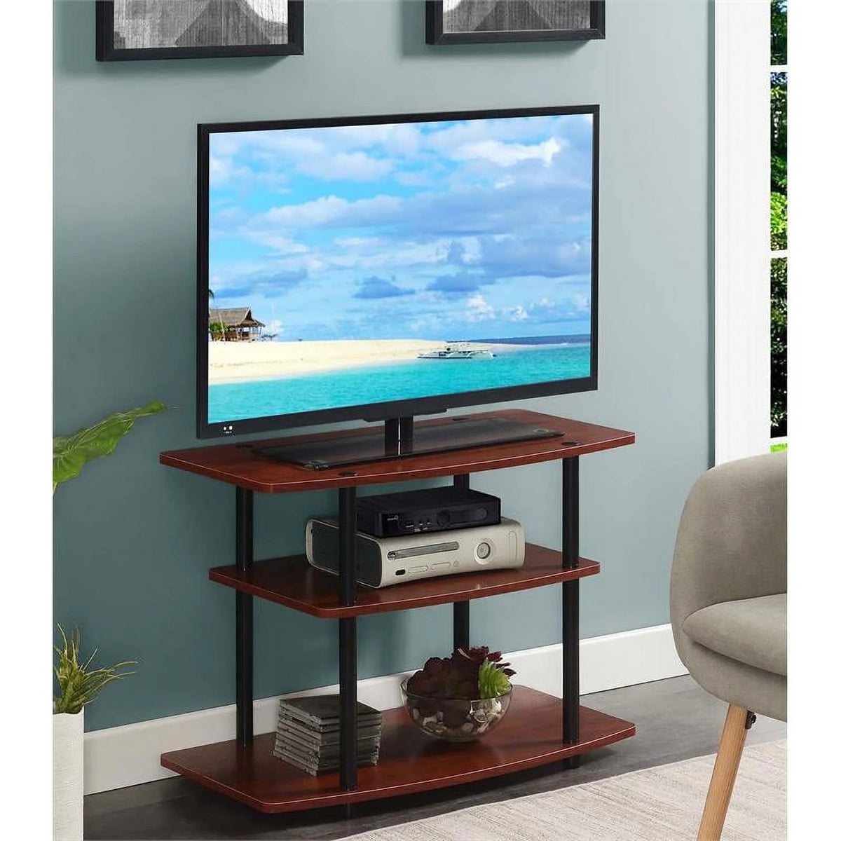 Three-Tier TV Stand in Warm Cherry Wood Finish S56294