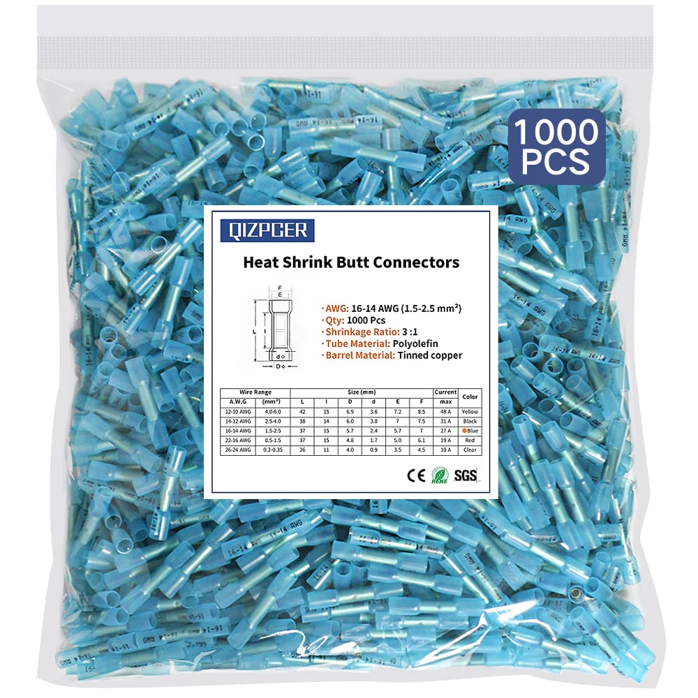 1000 Pcs Blue 16-14 AWG Waterproof Heat Shrink Butt Connectors M1933