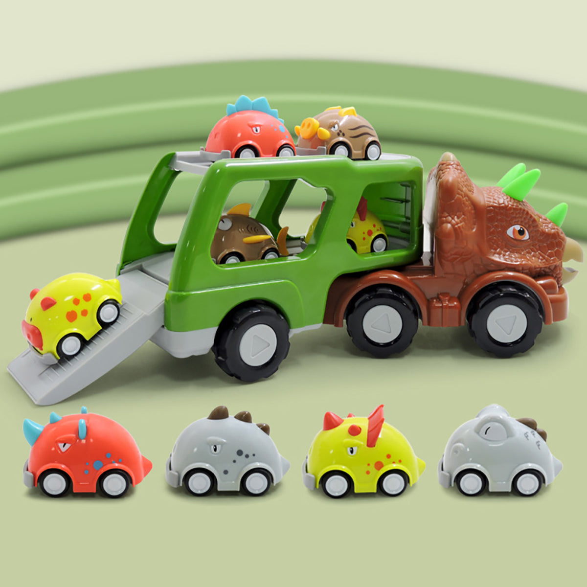 Double-decker Dinosaur Car Toy Transport Carrier Truck with 8 Small Pull Back Dino Car Friction Power Vehicle O35317