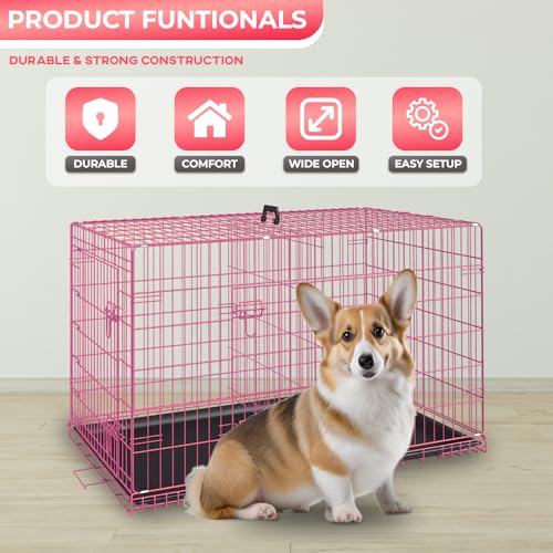 48 Inch Folding Metal Wire Dog Crate with Divider Panel and Leak-Proof Plastic Tray, Black E314020
