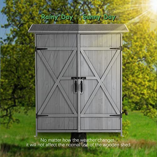 Outdoor Wood Storage Cabinet with Waterproof Roof and Detachable Shelves N69345