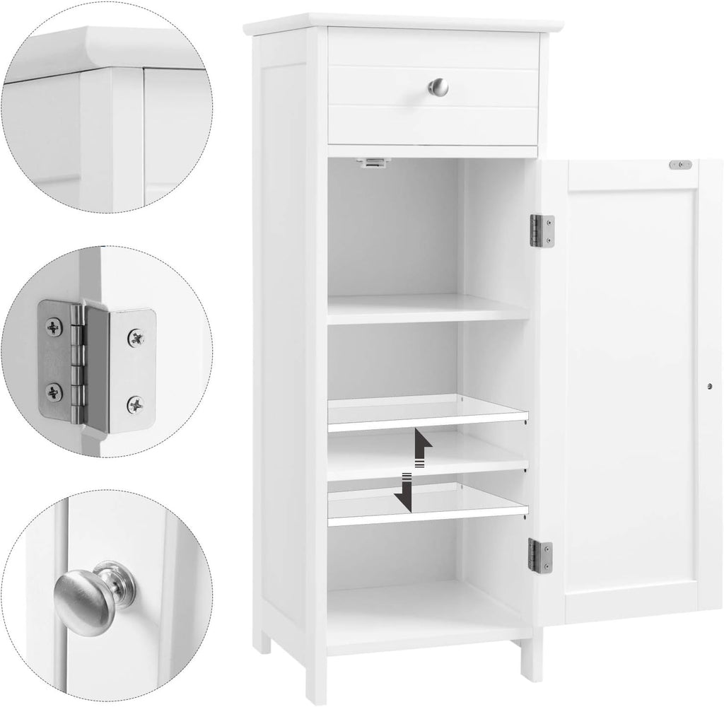 White Wooden Bathroom Floor Cabinet with Drawer and Adjustable Shelf B677580