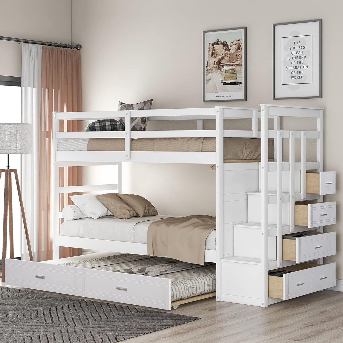 Gray Wood Twin Bunk Bed with Trundle and 4 Storage Drawers V18601