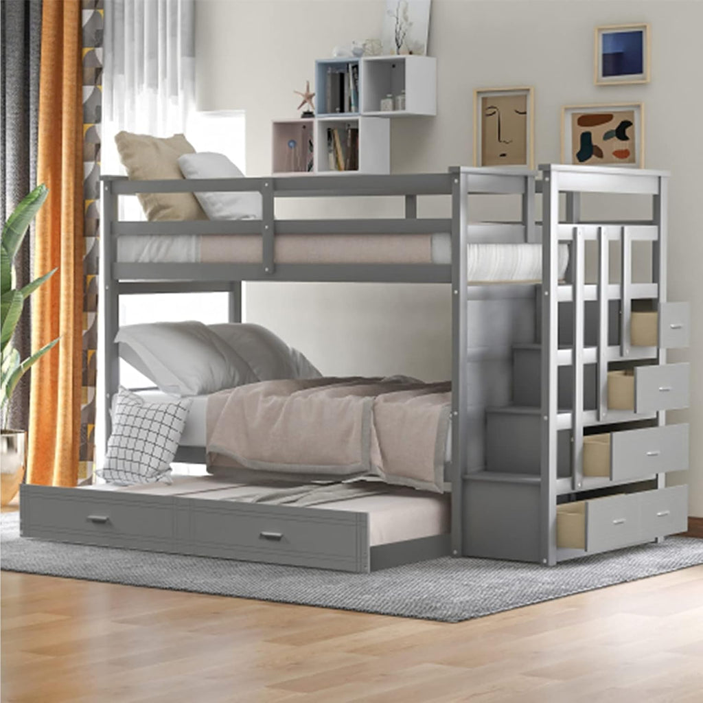 Gray Wood Twin Bunk Bed with Trundle and 4 Storage Drawers V18601