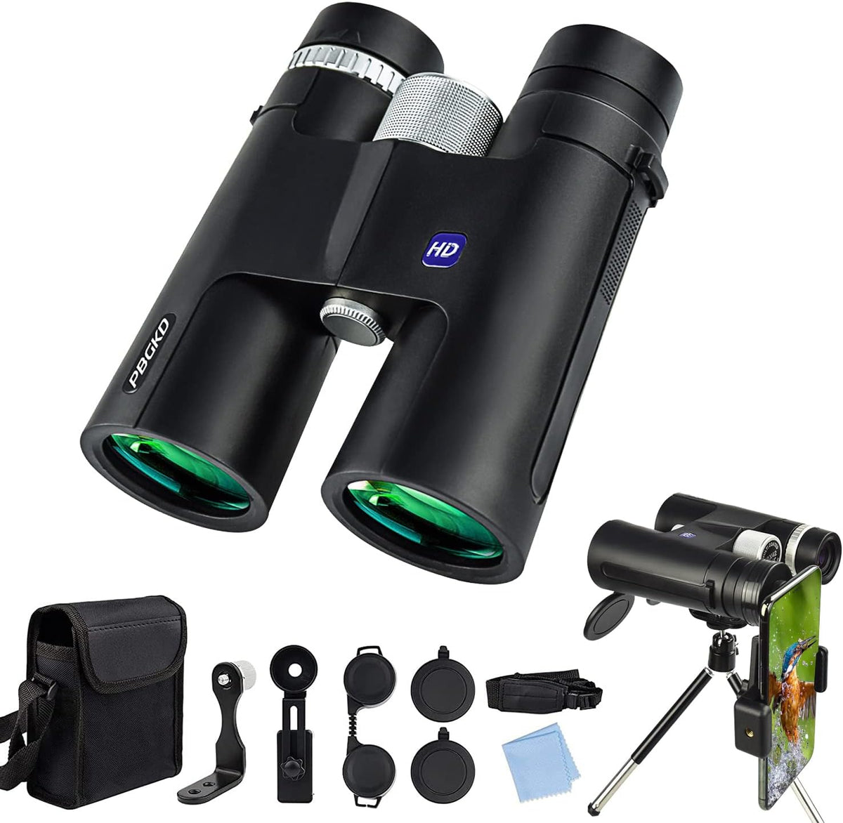 12x42 HD Roof Prism Waterproof Binoculars with Tripod Carrying Case Mobile Phone Clip Pack of 2 E256
