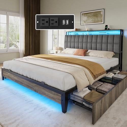 Queen Size Upholstered Platform Bed Frame with 4 Drawers and Storage Headboard Q9201