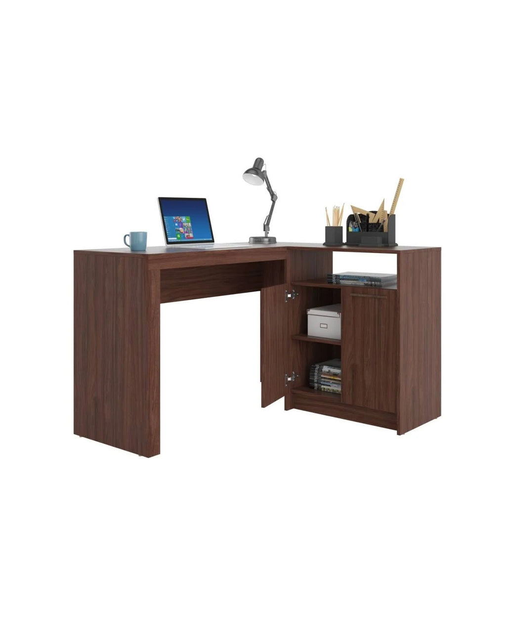 White L-Shaped Office Desk with Cabinet B1015