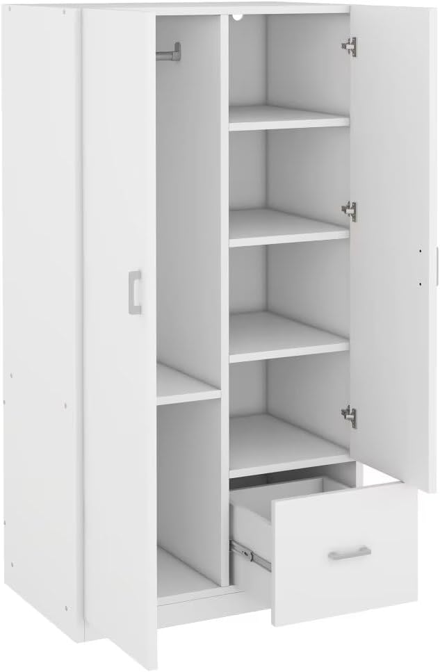 White 2 Door Wood Wardrobe with 5 Fixed Shelves and Hanging Rod X33365