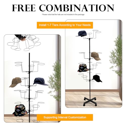 7-Tier Rotating Hat Display Rack, 35 Hooks Metal Freestanding Black Floor Rack N4902