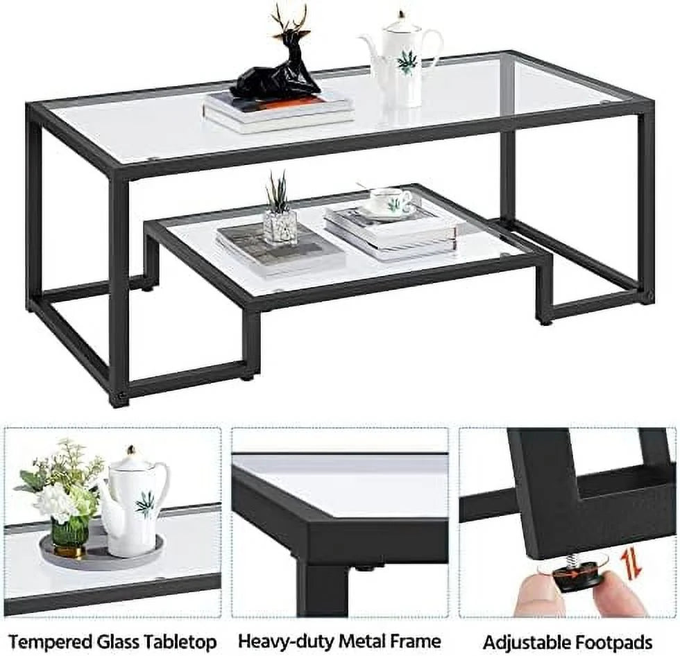 Tempered Glass Coffee Table Set of 3 Pieces Black Z816
