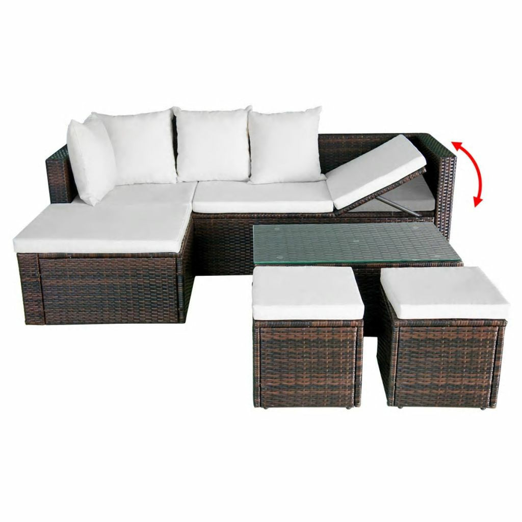 4 Piece Outdoor Conversation Set Cushioned Corner Sofa with Coffee Table and 2 Ottomans Brown Poly Rattan N51067