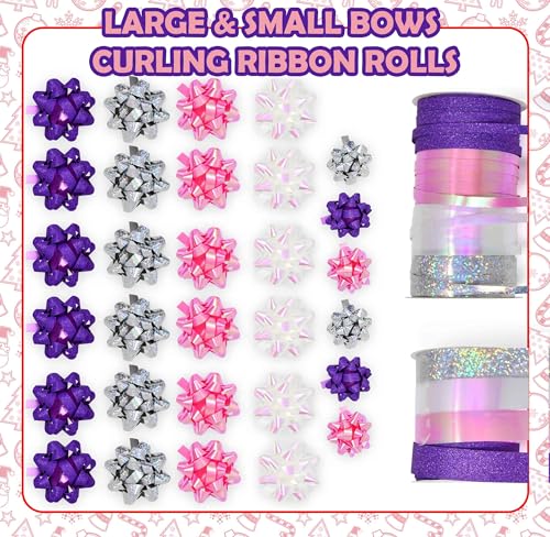 32 Pcs Multi Colored Gift Bows Assortment Set with 8 Curling Ribbon Rolls F4812