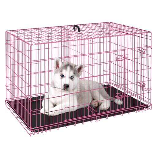 48 Inch Folding Metal Wire Dog Crate with Divider Panel and Leak-Proof Plastic Tray, Black E314020