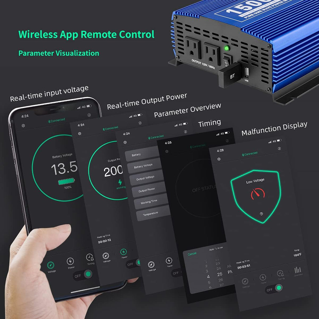 1500W Pure Sine Wave Power Inverter 12V DC to 110V AC with Bluetooth F128815