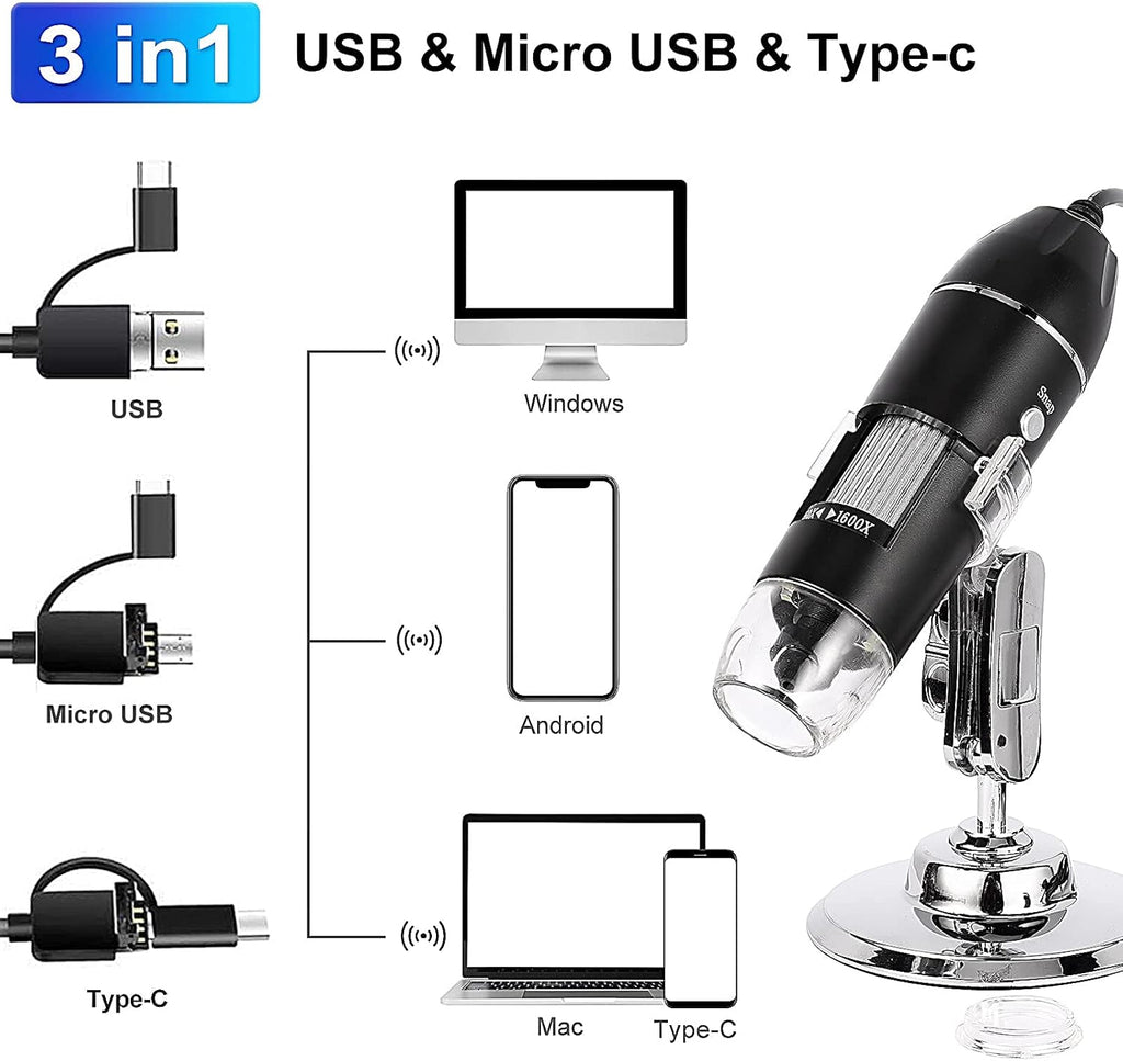 3 in 1 USB Digital Microscope 1600X Handheld with Rotating Base and 8 LED Lights Y345