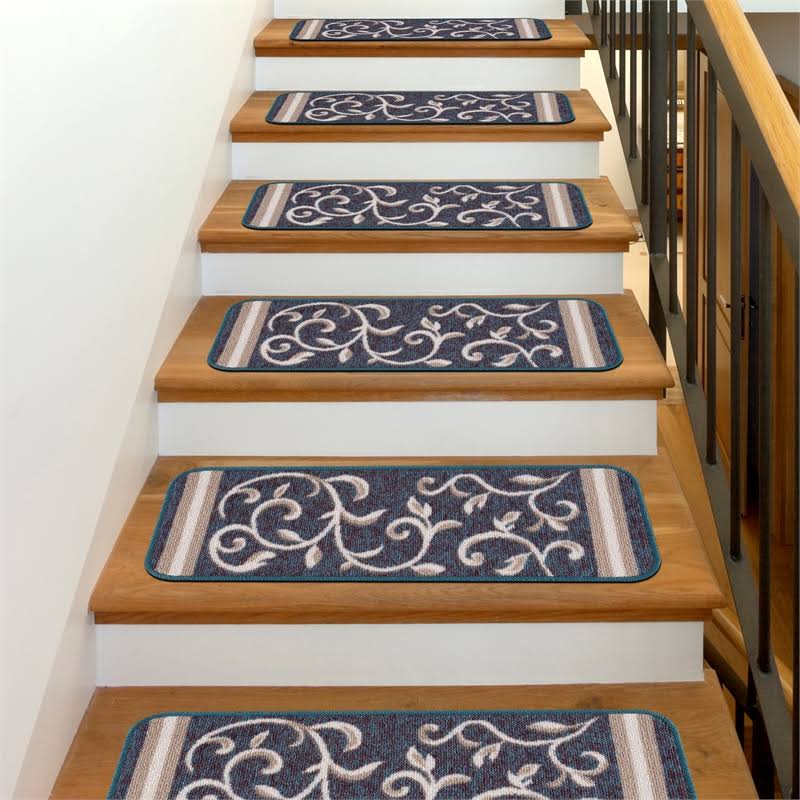 Blue Floral Non Slip Carpet Stair Treads Set of 7 E5332