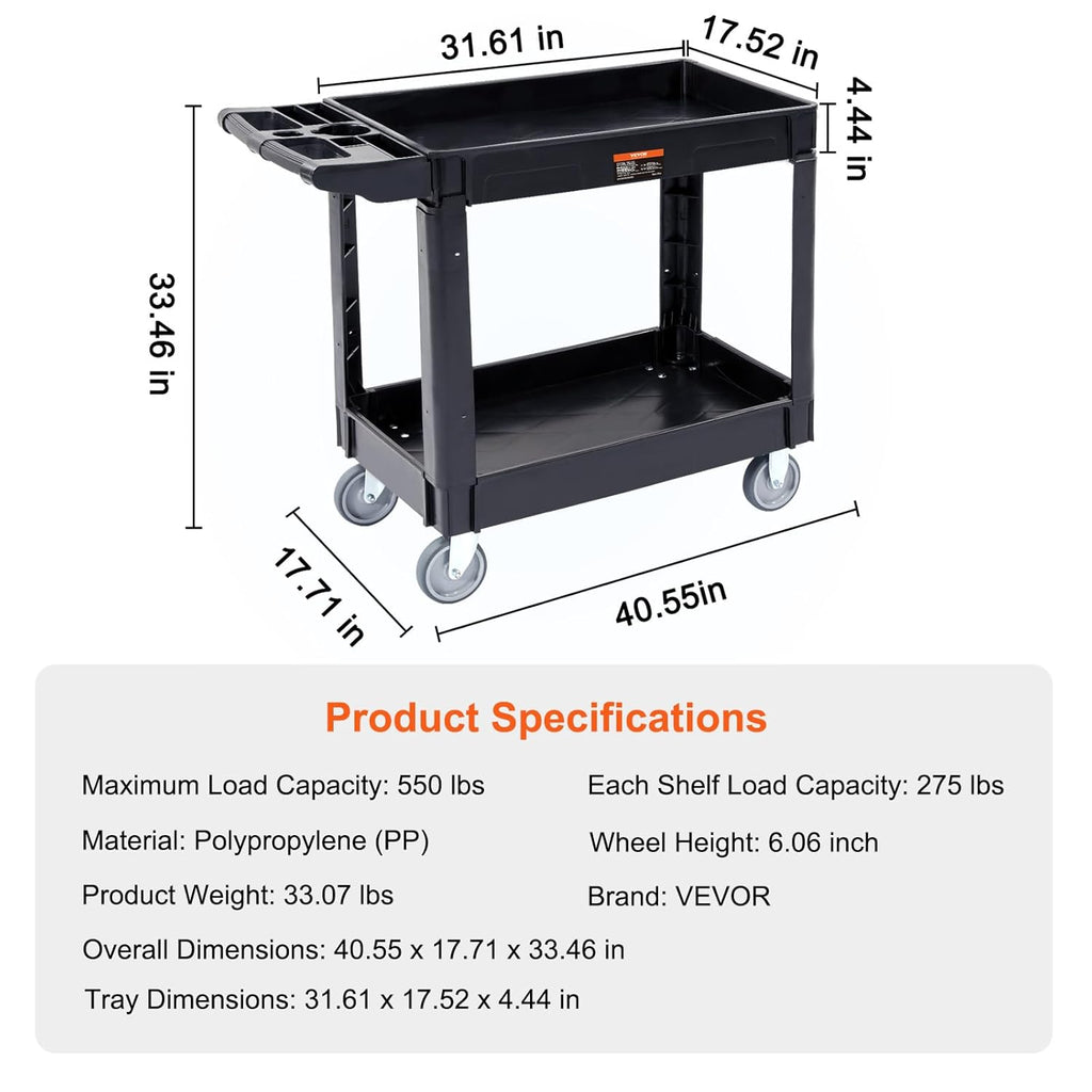 Black 2 Shelf Heavy Duty Plastic Rolling Utility Cart L8120