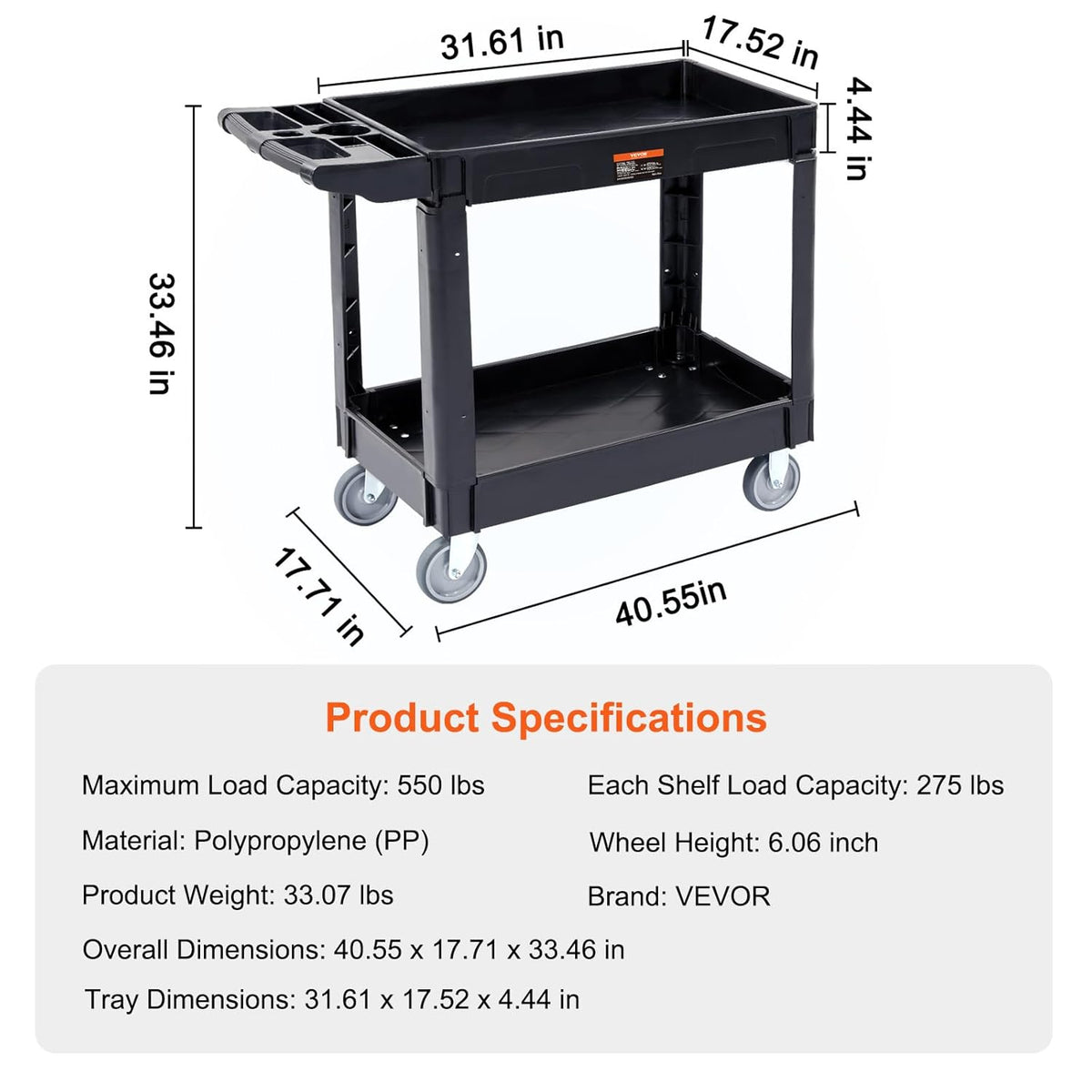 Black 2 Shelf Heavy Duty Plastic Rolling Utility Cart L8120