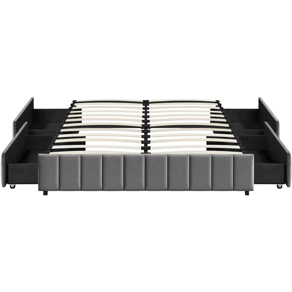 Queen Size Upholstered Bed Frame with 4 Storage Drawers, Beige T202040