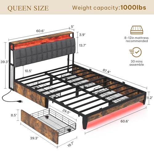 Queen Size Upholstered Platform Bed Frame with 4 Drawers and Storage Headboard Q9201