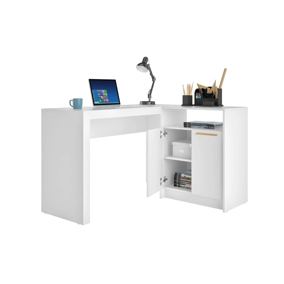 White L-Shaped Office Desk with Cabinet B1015