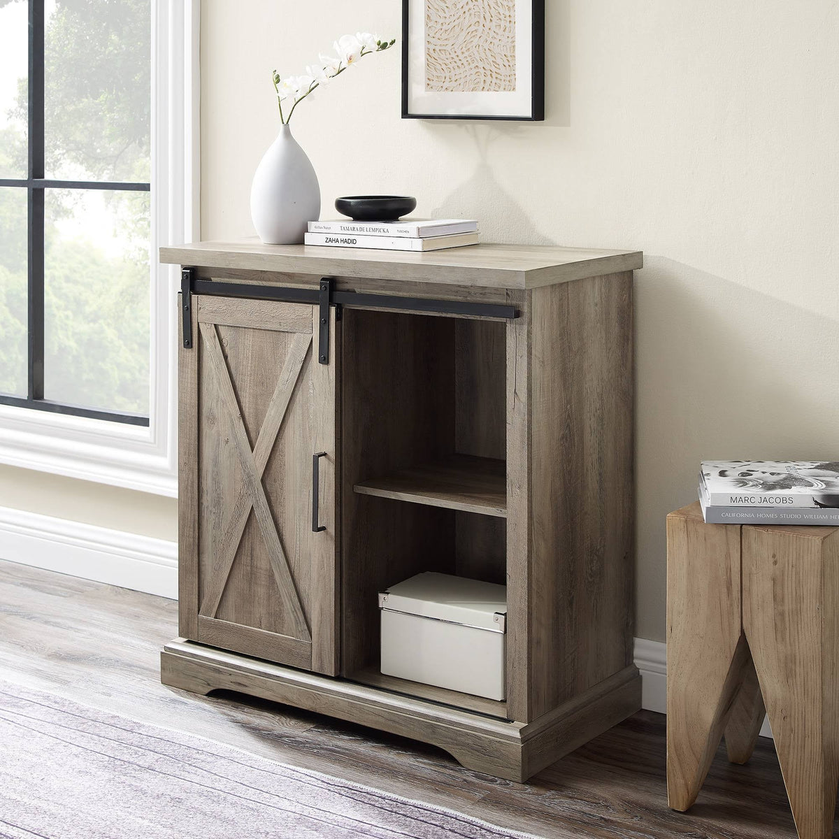 Rustic Farmhouse Accent Cabinet with Sliding Barn Door Gray Wash H53703