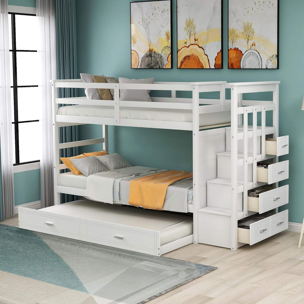 Gray Wood Twin Bunk Bed with Trundle and 4 Storage Drawers V18601