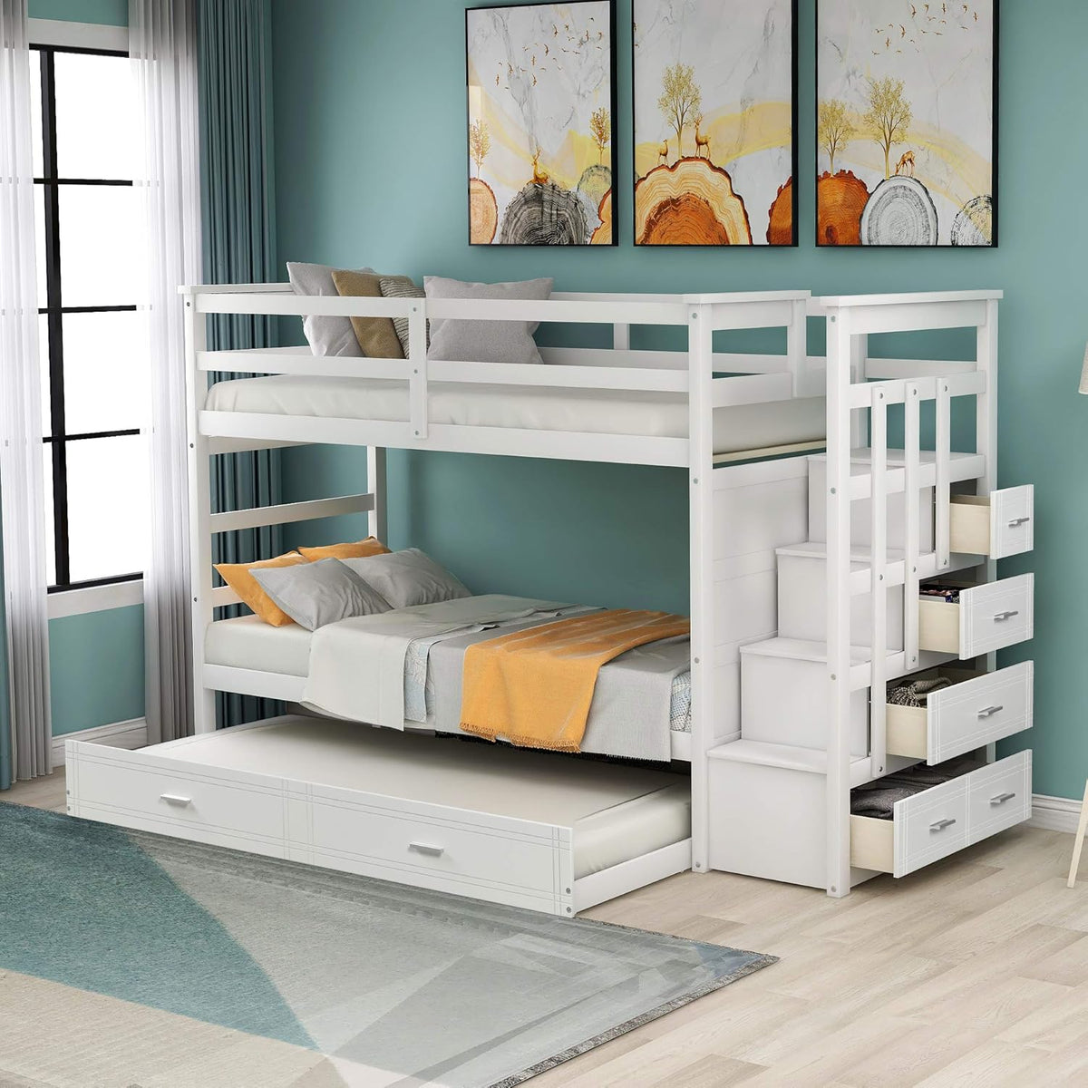 Gray Wood Twin Bunk Bed with Trundle and 4 Storage Drawers V18601