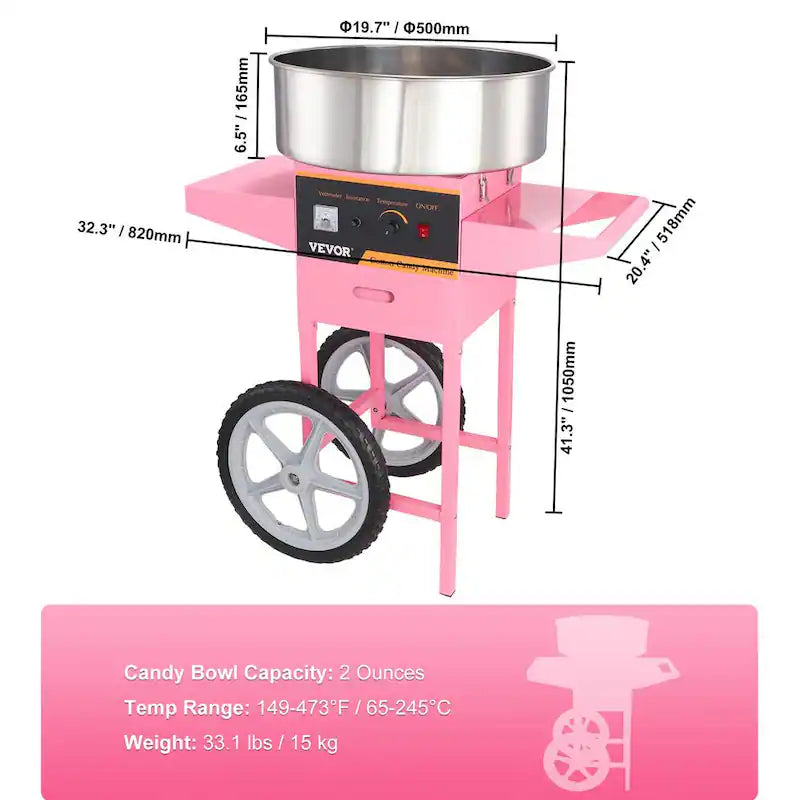 Electric Cotton Candy Machine with Cart 1000 W Stainless Steel Bowl W441783