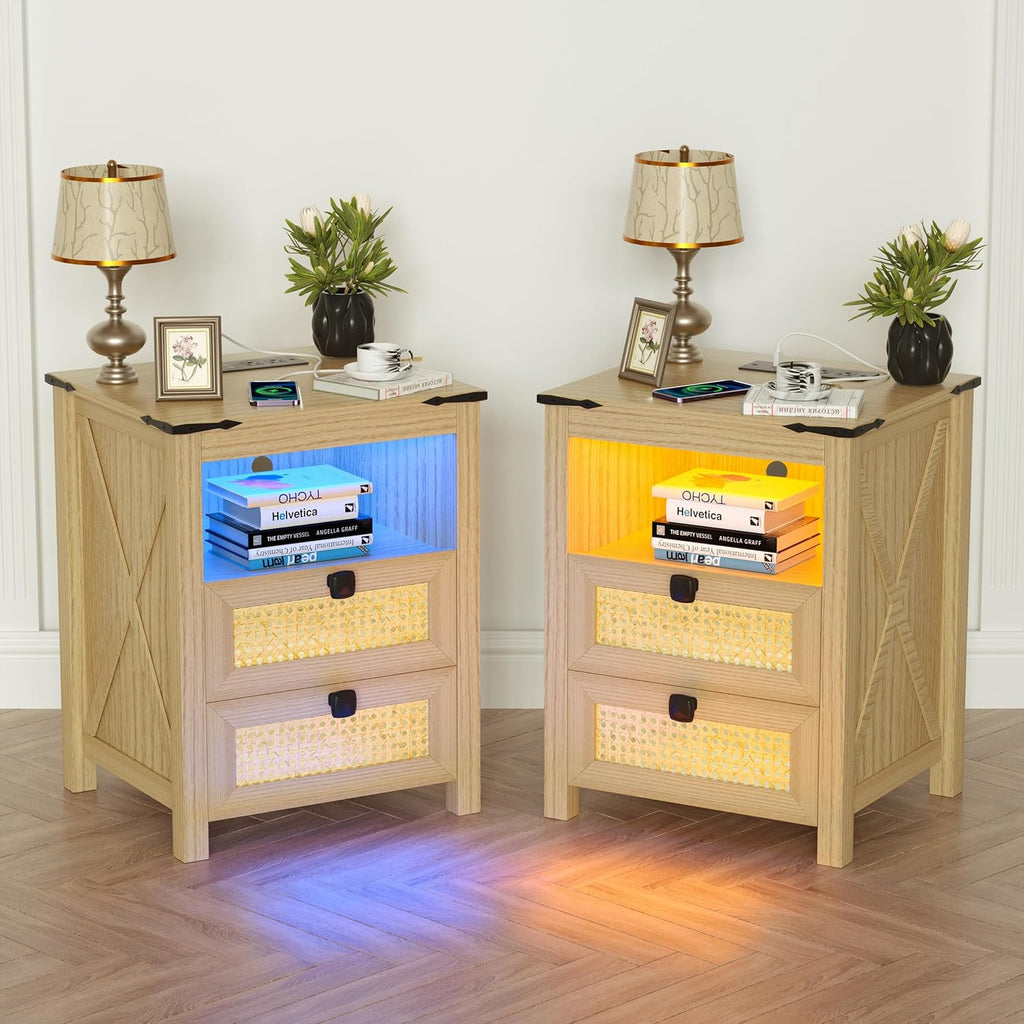 Natural Wood Nightstand Set of 2 with Charging Station P372
