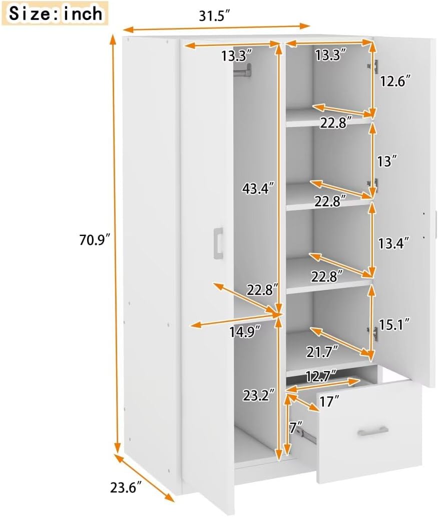White 2 Door Wood Wardrobe with 5 Fixed Shelves and Hanging Rod X33365